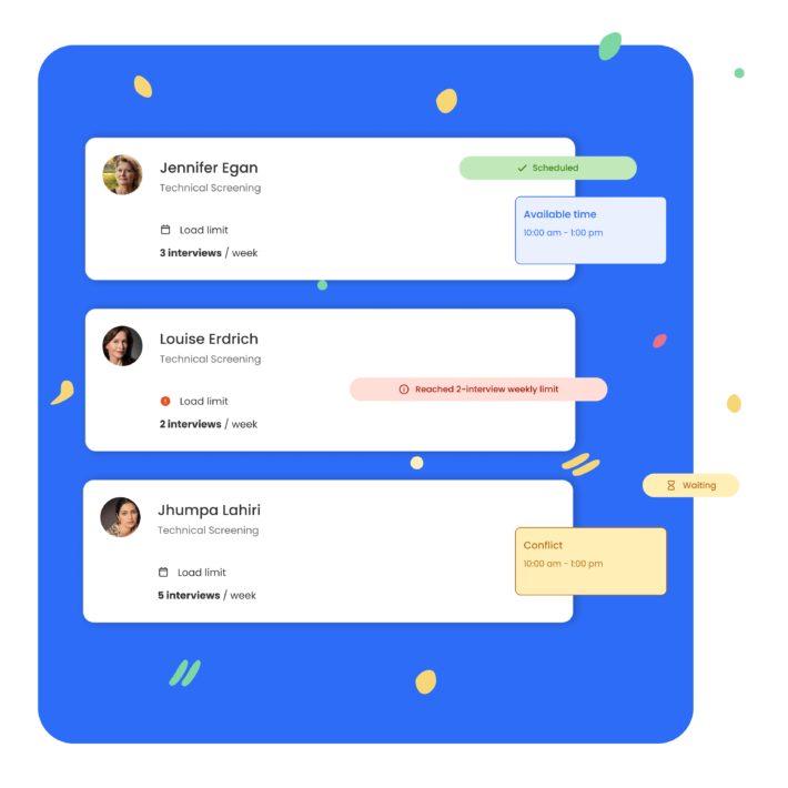 AlphaSchedule's intelligent load balancing evenly allocates interviews among your team, considering each interviewer's preferences.